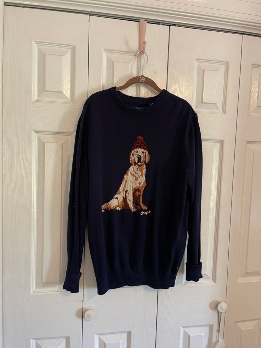 Chaps Navy Sweater with Golden Retriever Graphic